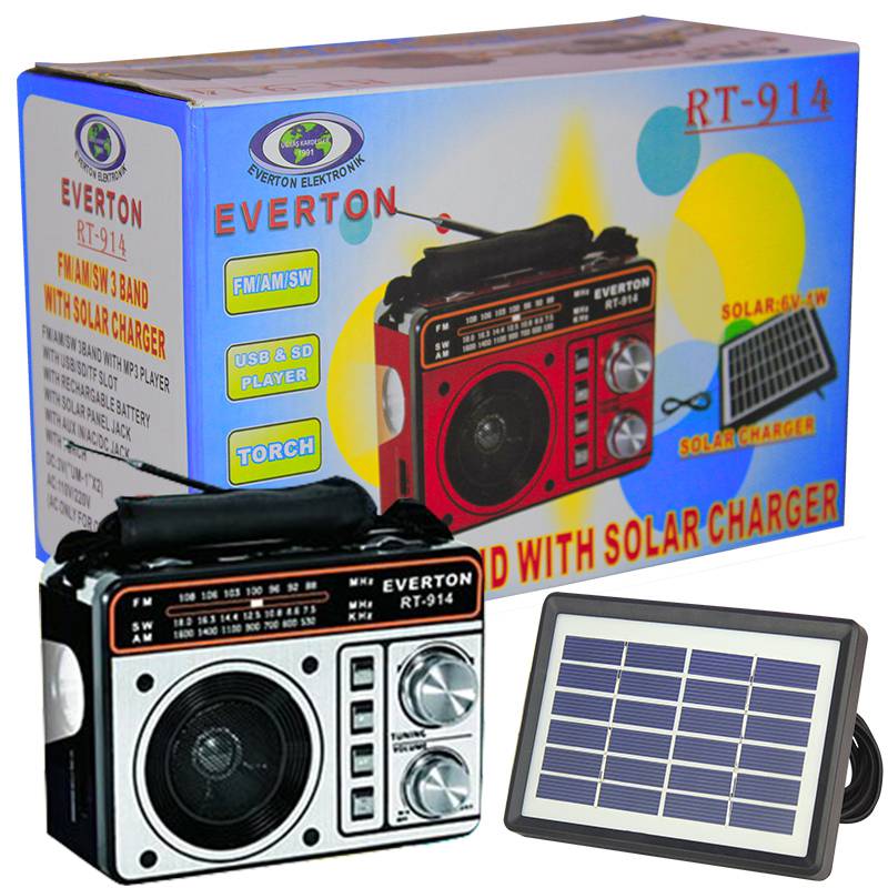 Everton RT-914 Güneş Panelli Fenerli Şarjlı USB-SD-FM Portatif Radyo