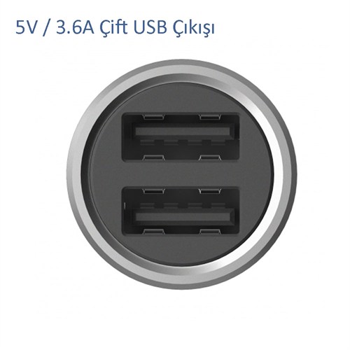 Xiaomi Araç Şarj Cihazı Gri Metal Tasarım 2 USB (3.6 A Hızlı Şarj)