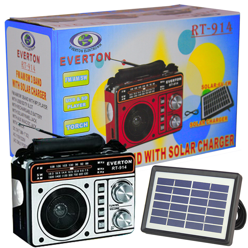 Everton RT-914 Güneş Panelli Fenerli Şarjlı USB-SD-FM Portatif Radyo